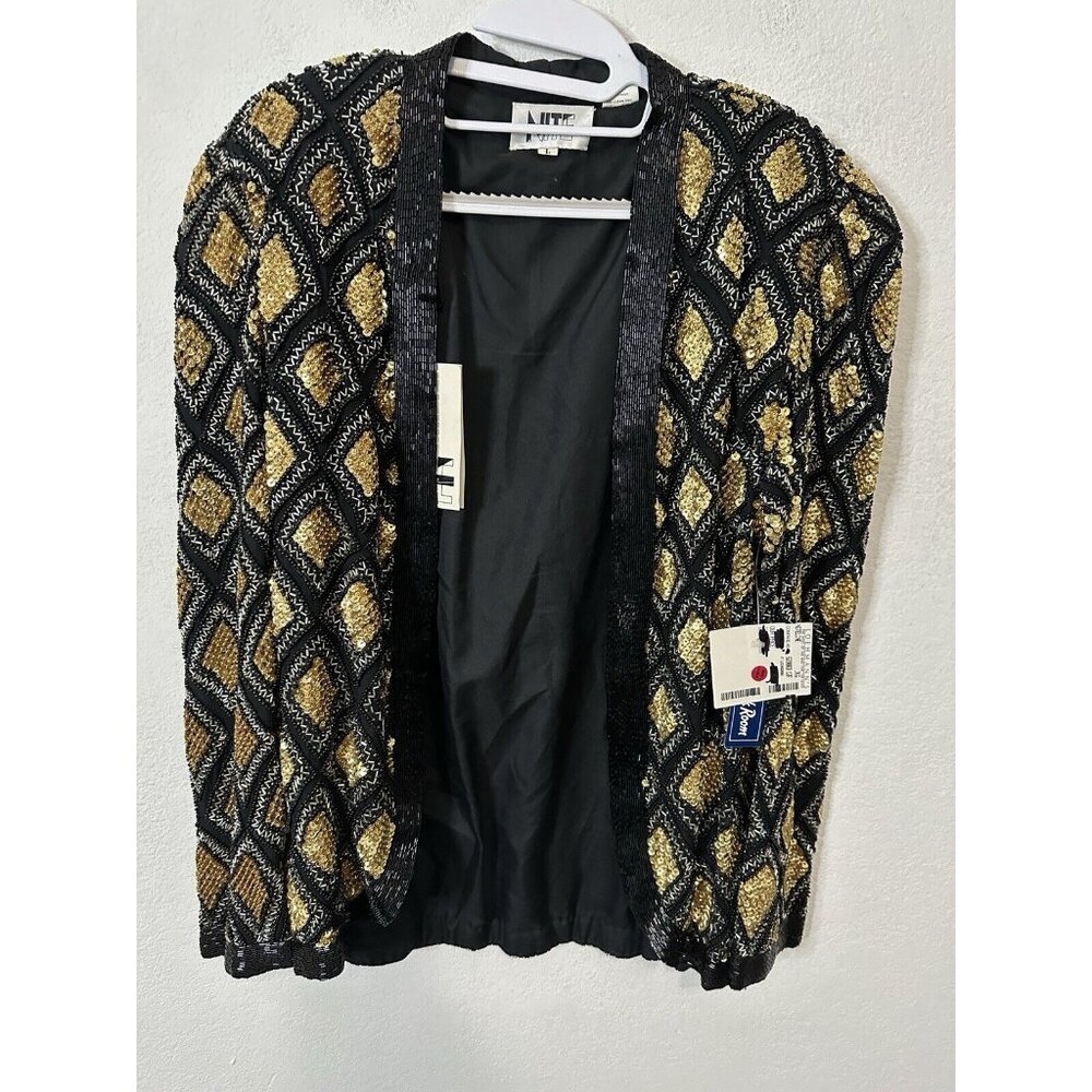 Vintage Nite Line Gold Black Beaded Silk Open Front Cardigan Jacket Size Large